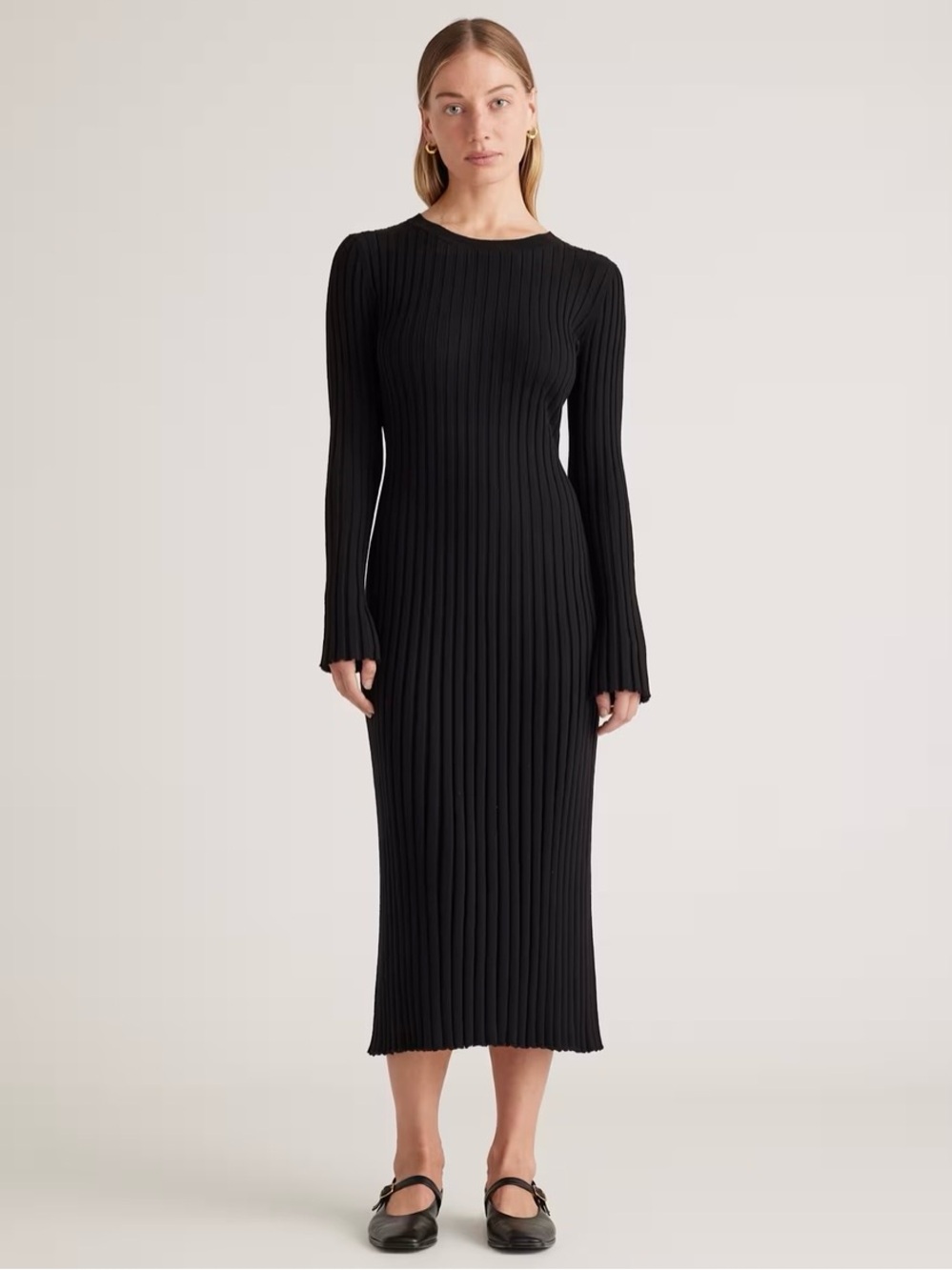Quince Cotton Cashmere Ribbed Long Sleeve Crew Midi Dress Small Minimalist